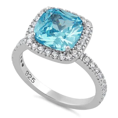 Ladies antique style ring-Sterling Silver Cushion-Cut Aqua Blue CZ Ring