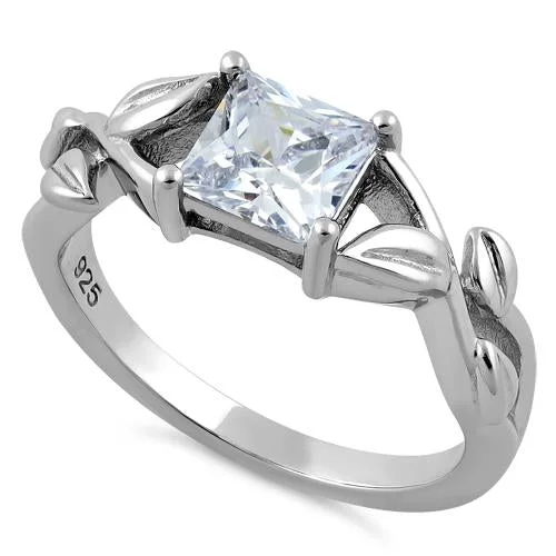 Ladies silver band ring-Sterling Silver Leaves Vines Princess Cut Clear CZ Ring