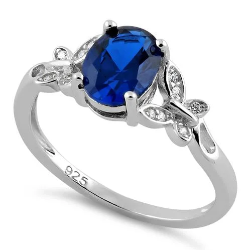 Ladies silver band ring-Sterling Silver Double Butterfly Blue Spinel Center Stone CZ Ring