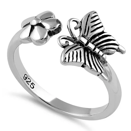 Ladies engagement ring with side stones-Sterling Silver Butterfly Flower Ring