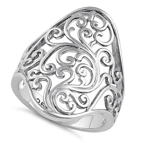 Ladies emerald ring-Sterling Silver Curly Floral Ring