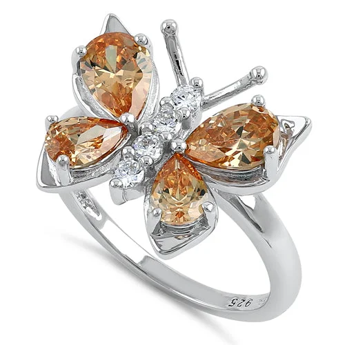 Ladies colorful gemstone ring-Sterling Silver Large Champagne CZ Butterfly Ring