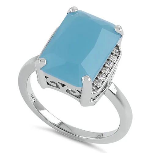 Ladies large diamond ring-Sterling Silver Big Blue Glass Rectangle Ring