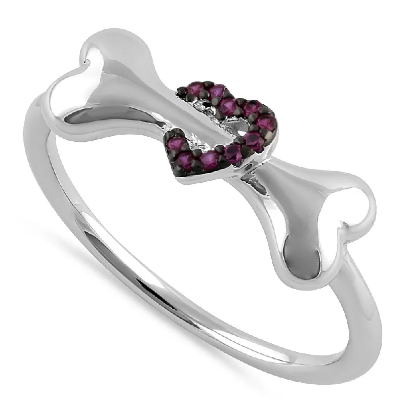 Ladies sapphire and diamond ring-Sterling Silver Dog Bone & Heart Round Cut Ruby CZ Ring