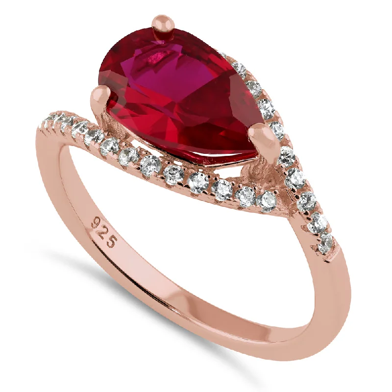 Ladies diamond halo ring-Sterling Silver Rose Gold Plated Ruby Pear CZ Ring