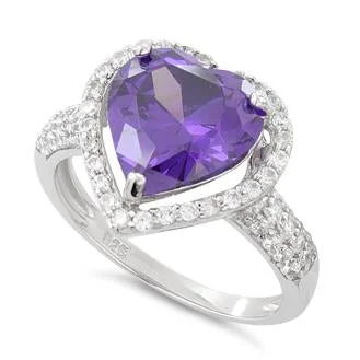 Ladies vintage-inspired ring-Sterling Silver Amethyst Heart Halo CZ Ring