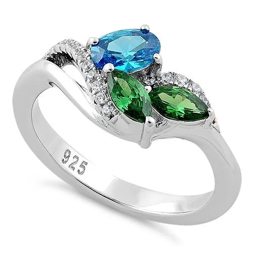 Ladies antique ring-Sterling Silver Blue Topaz Oval Emerald Marquise CZ Ring