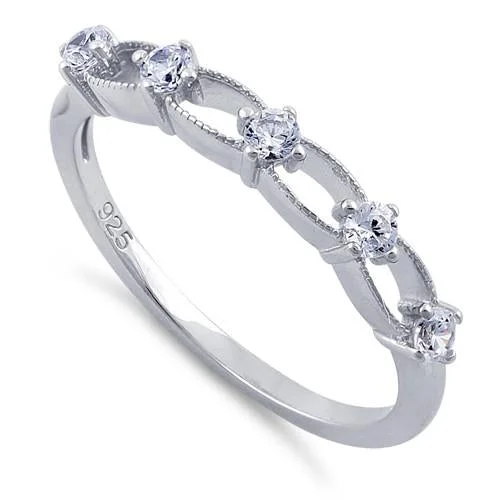 Ladies solitaire ring-Sterling Silver Clear Five Round Stones CZ Ring