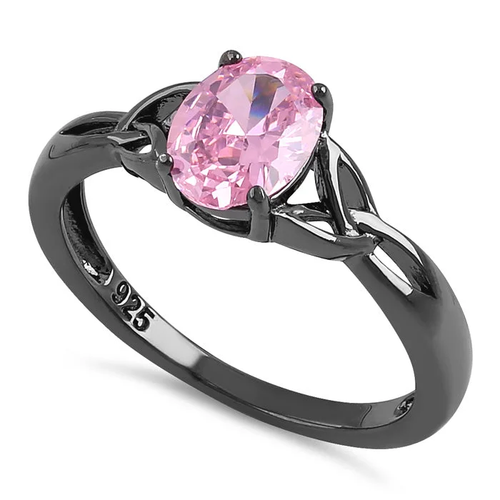 Ladies diamond wedding band-Sterling Silver Black Rhodium Plated Charmed Oval Pink CZ Ring