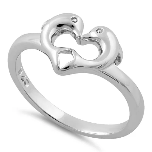 Ladies adjustable ring-Sterling Silver Dolphins Heart Ring