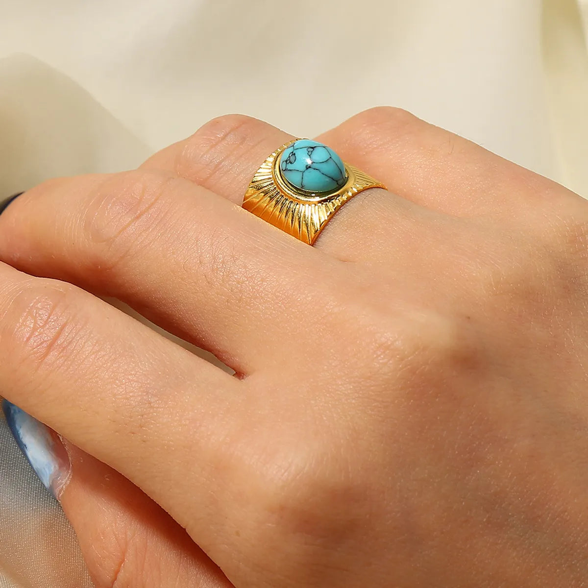 Ladies gemstone wedding ring-Fashion Stripe Stainless Steel Plating Turquoise Gold Plated Open Ring