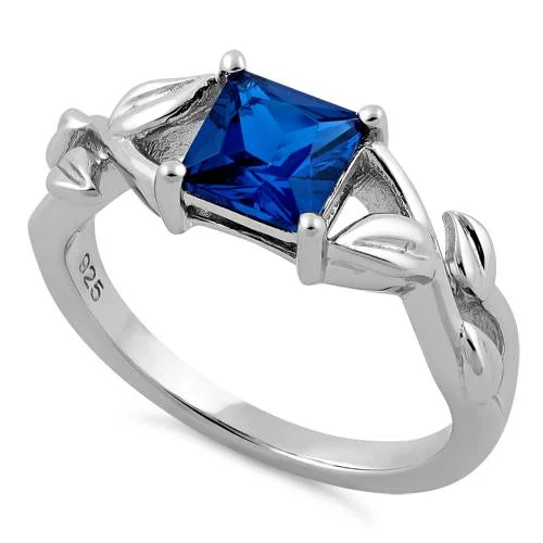 Ladies custom gold ring-Sterling Silver Leaves Vines Princess Cut Blue Spinel CZ Ring