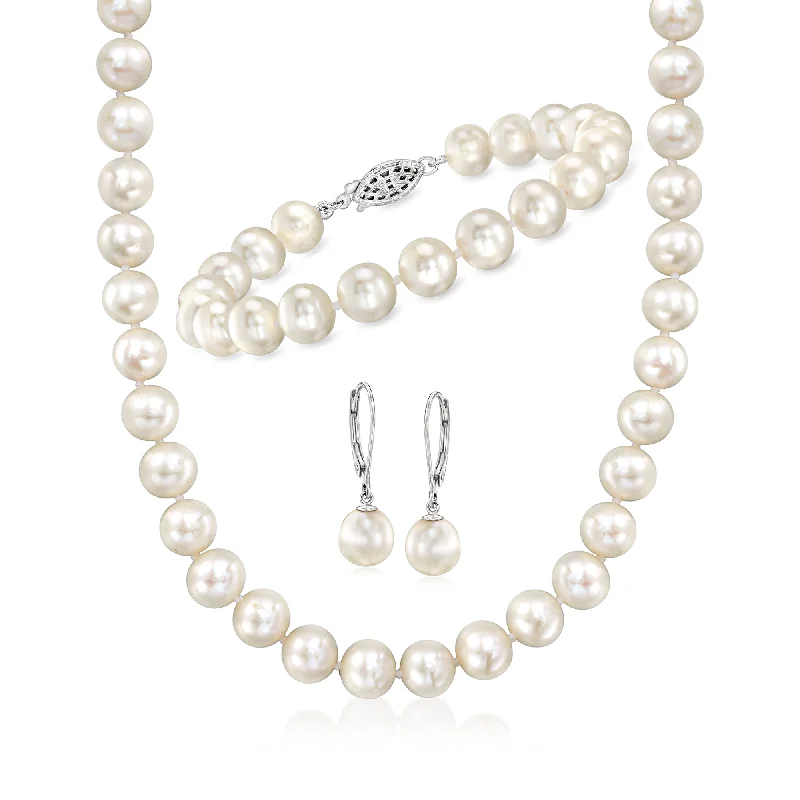 Ladies stylish charm bracelet-Ross-Simons 8-9mm Cultured Pearl Jewelry Set: Bracelet, Necklace and Drop Earrings With Sterling Silver