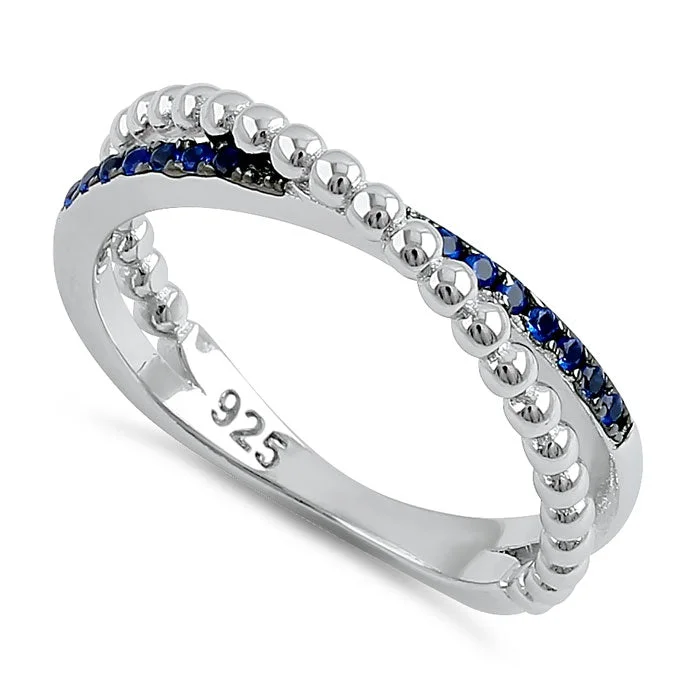 Ladies stacking rings-Sterling Silver Multi-Plated Overlap Beads Blue CZ Ring