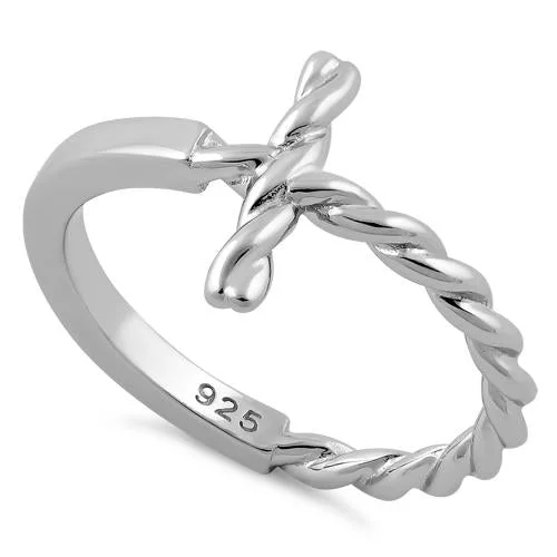 Ladies personalized ring-Sterling Silver Rope Cross Ring