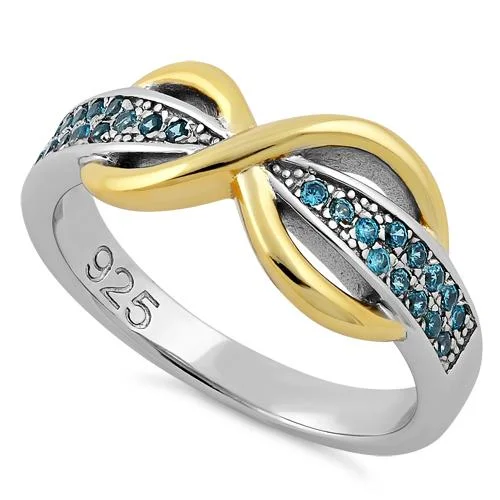 Ladies rose gold wedding band-Sterling Silver Infinity Pave Two-Tone Aqua Marine CZ Ring