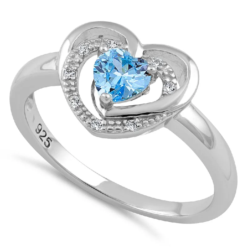 Ladies princess cut ring-Sterling Silver Precious Heart Aqua Blue CZ Ring