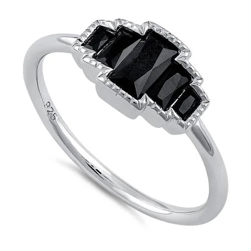 Ladies emerald cut ring-Sterling Silver Five Radiant Cut Black CZ Ring