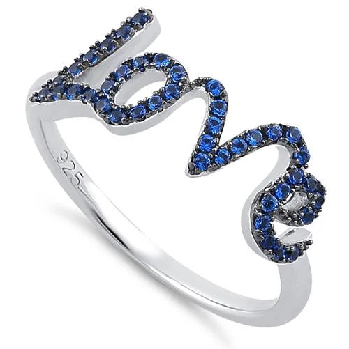 Ladies bridal ring set-Sterling Silver Love Blue Spinel CZ Ring