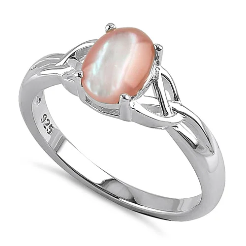 Ladies matching wedding band-Sterling Silver Center Stone Charmed Pink Mother of Pearl Ring