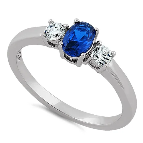 Ladies sapphire ring-Sterling Silver Oval Cut Blue Spinel CZ Ring