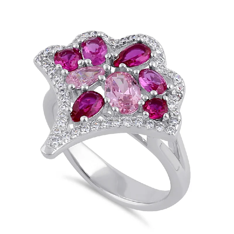 Ladies twist design ring-Sterling Silver Pink & Ruby CZ Bouquet Ring