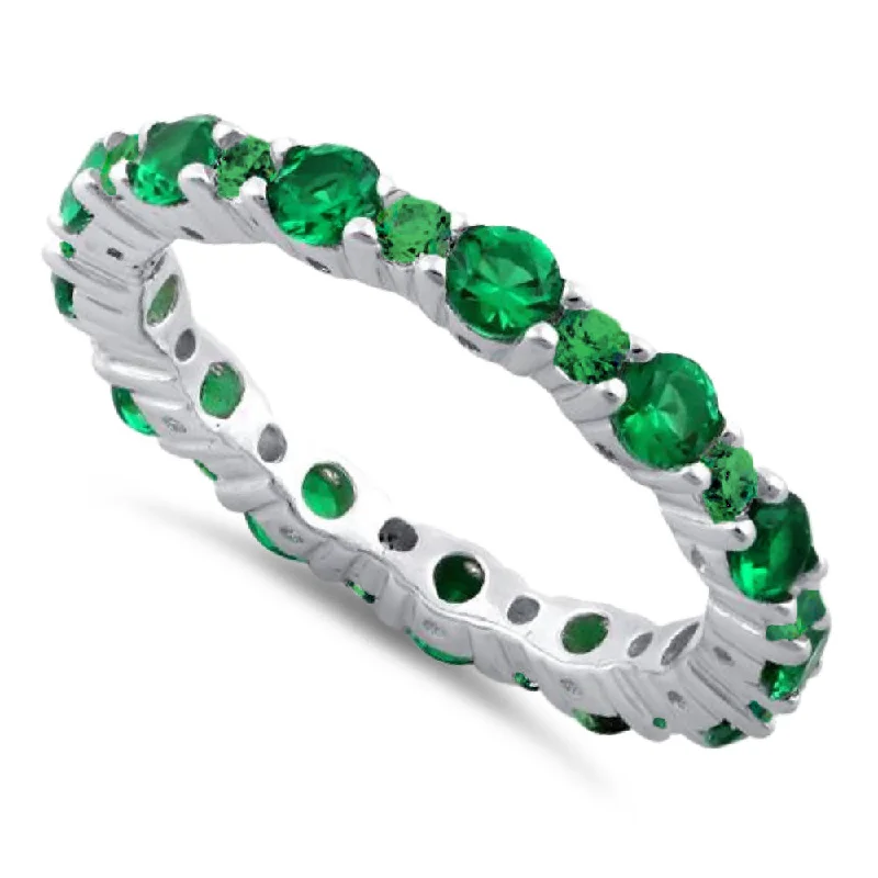 Ladies adjustable gemstone ring-Sterling Silver Eternity Emerald CZ Ring