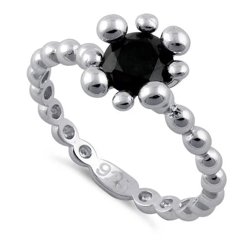 Ladies double band ring-Sterling Silver Beaded  Black Round CZ Ring