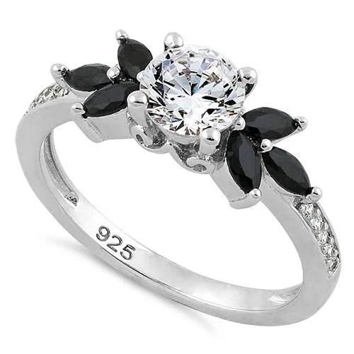 Ladies wedding ring set-Sterling Silver Flower Leaves Black Clear CZ Ring