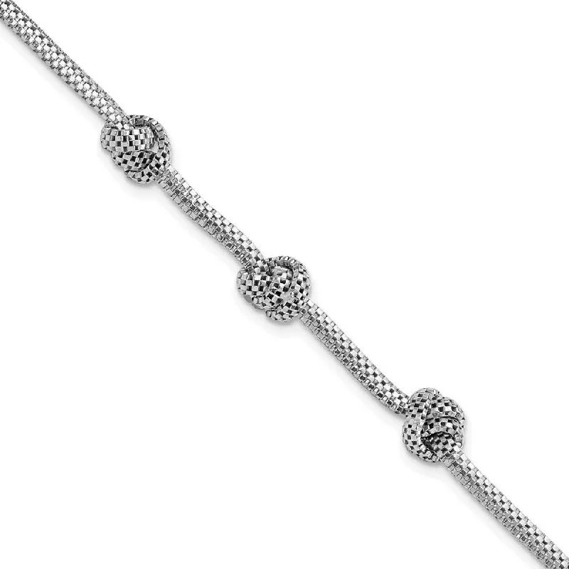 Ladies silver cuff bracelet-925 Sterling Silver Rhodium-plated Knotted Mesh Bracelet, 7.25" (W-6.14mm)