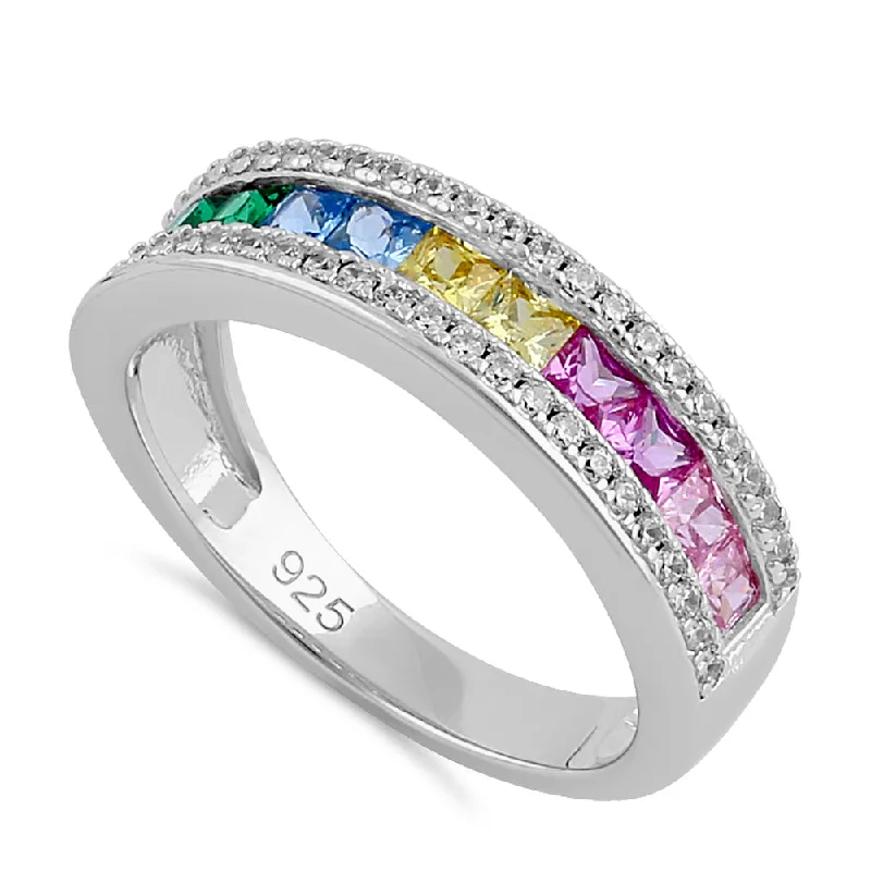 Ladies opal ring-Sterling Silver Rainbow CZ Band Ring