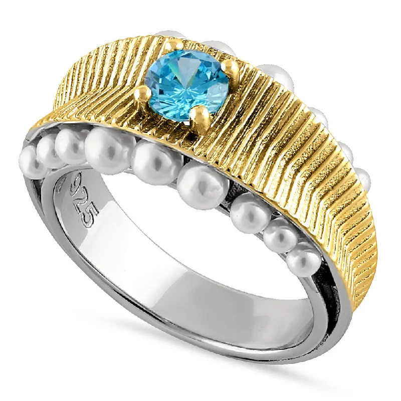 Ladies luxury gold ring-Sterling Silver Two-Tone Blue Topaz CZ and Pearl Ring