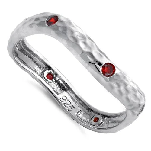 Ladies promise ring-Sterling Silver Wavy Hammered Garnet CZ Ring