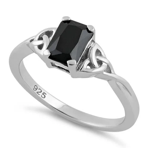 Ladies black sapphire ring-Sterling Silver Rectangle Black Celtic CZ Ring