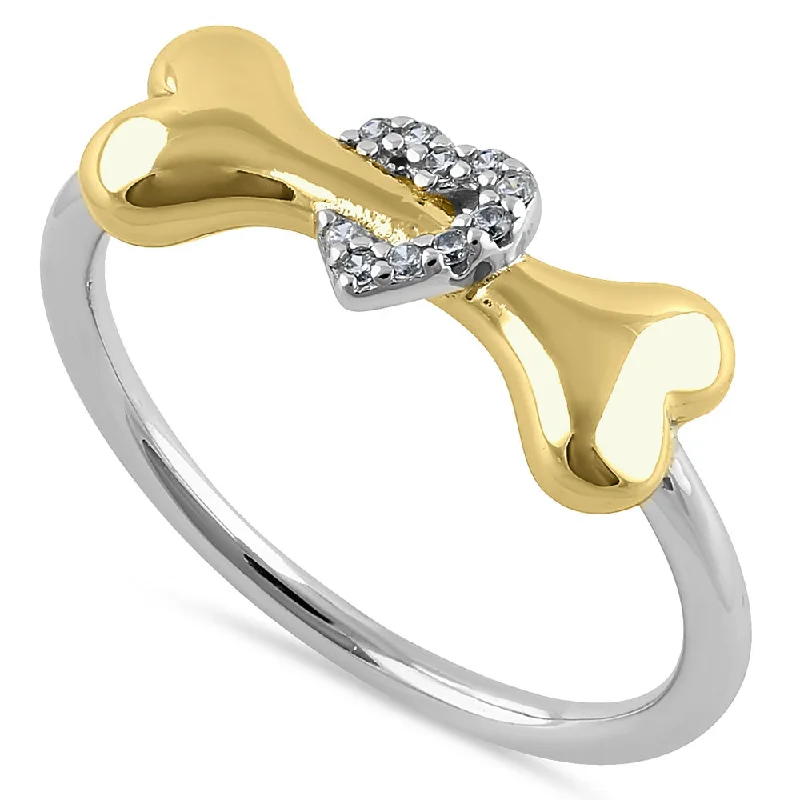 Ladies black diamond ring-Sterling Silver Gold Plated Dog Bone & Heart Round Cut Clear CZ Ring