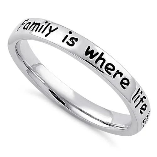 Ladies sapphire wedding band-Sterling Silver "Family is where life begins & love never ends" Ring