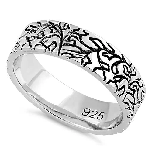 Ladies engagement ring with side stones-Sterling Silver Carved Leaves Band Ring