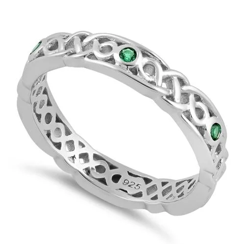 Ladies custom design ring-Sterling Silver Braided Eternity Green CZ Ring