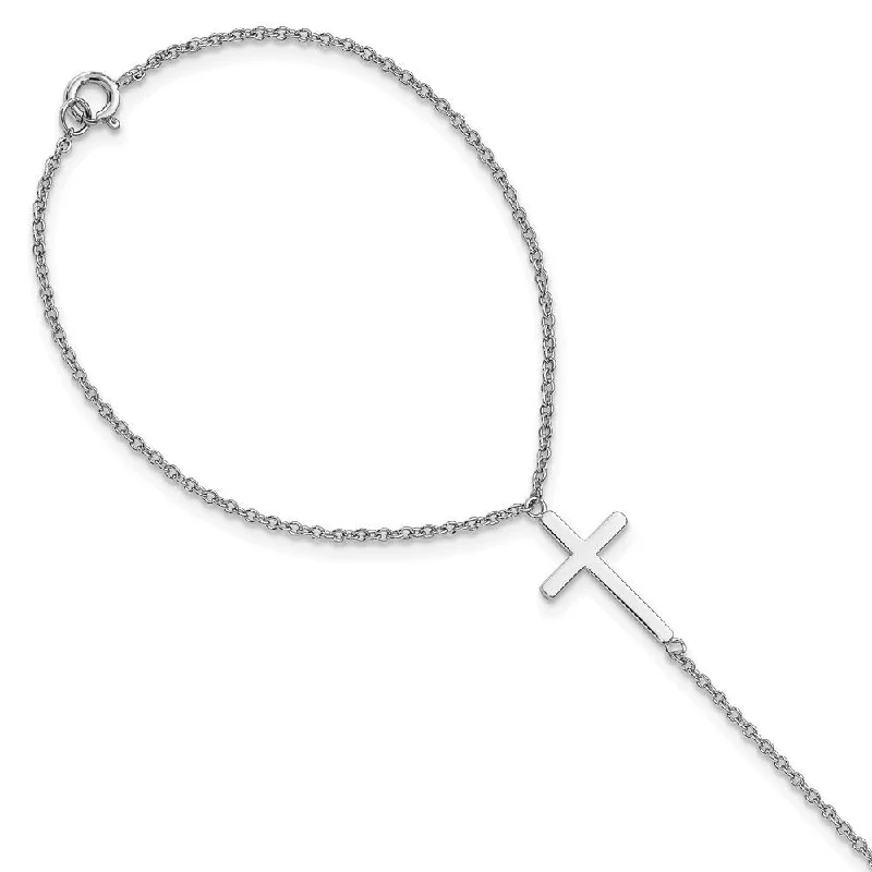 Ladies unique bracelet-925 Sterling Silver Rhodium-plated Cross Attached Ring/Bracelet, 7"