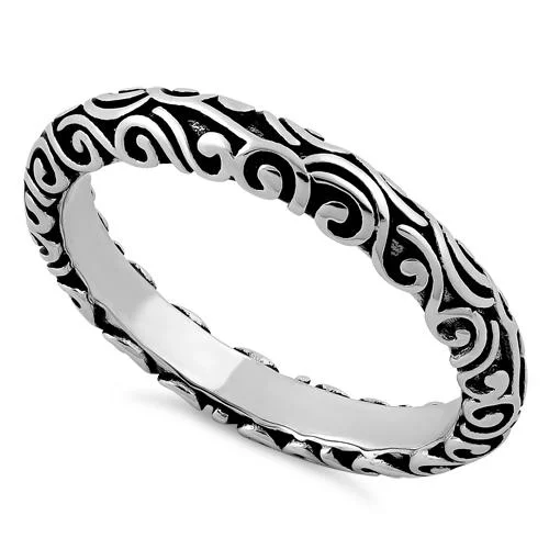 Ladies wedding ring with diamonds-Sterling Silver Oxidized Bali Band Ring