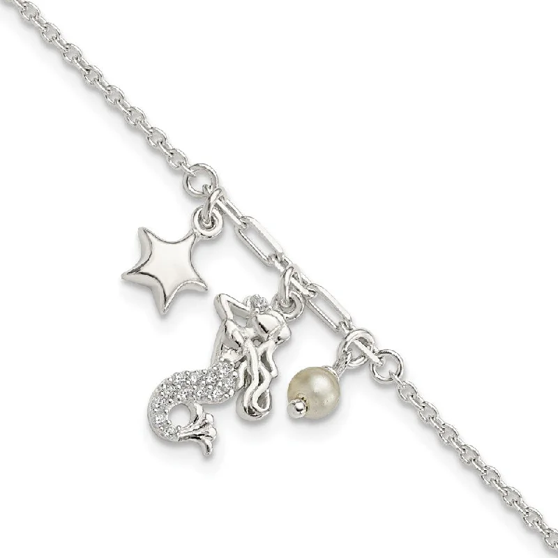 Ladies heart-shaped bracelet-925 Sterling Silver Cubic Zirconia Mermaid/Star/ Pearl Bracelet, 7.5" (W-1mm)