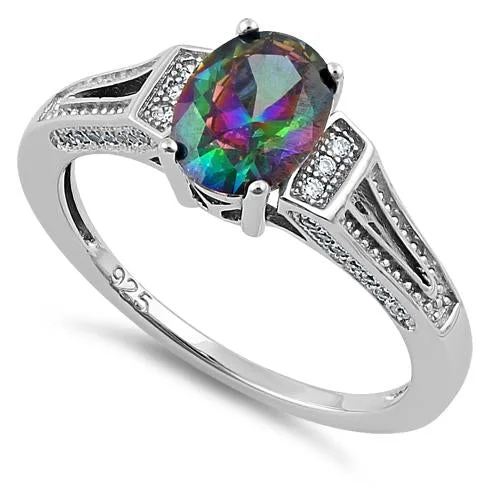 Ladies adjustable ring-Sterling Silver Rainbow Oval Cut CZ Ring