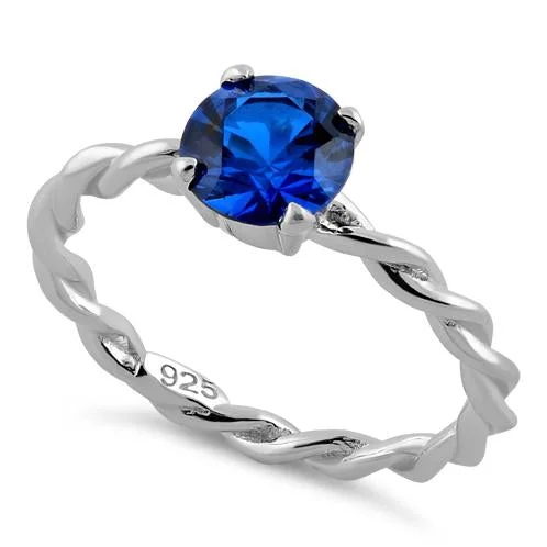 Ladies colored diamond ring-Sterling Silver Blue Spinel Twisted Band CZ Ring