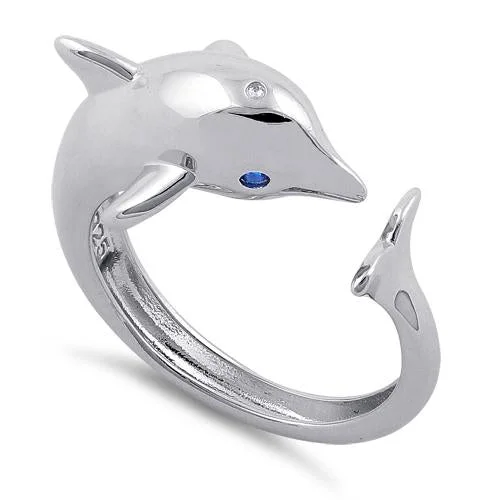 Ladies wedding ring with diamonds-Sterling Silver Dolphin Blue CZ Ring