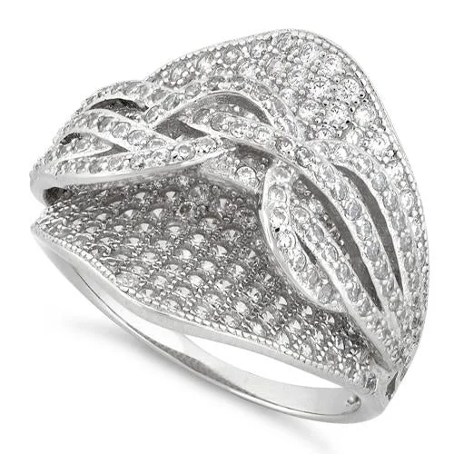 Ladies wedding set with diamonds-Sterling Silver Double Layer Ribbon CZ Ring