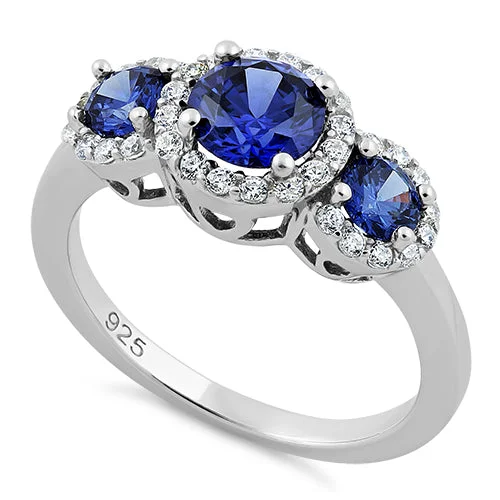 Ladies modern ring-Sterling Silver Triple Tanzanite Round CZ Ring