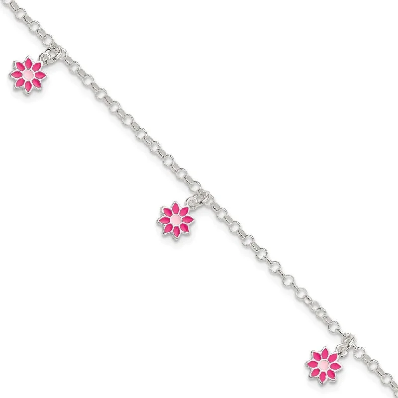 Ladies crystal bangle bracelet-925 Sterling Silver Children's Enameled Flower Bracelet, 6"