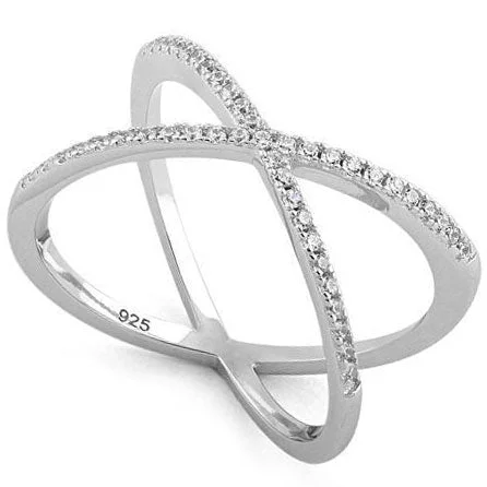 Ladies platinum eternity band-Sterling Silver Overlapping X CZ Ring