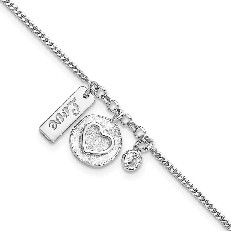 Ladies engraved bracelet-925 Sterling Silver Rhodium-plated Satin Heart Love Cubic Zirconia with Bracelet, 7" w/0.5in Extender