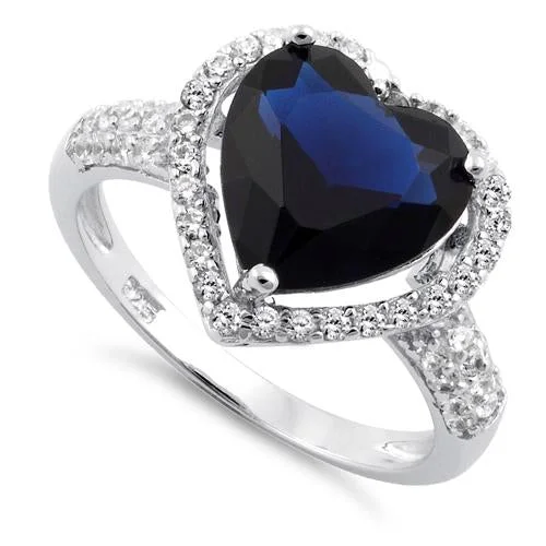 Ladies luxury gold ring-Sterling Silver Blue Sapphire Heart Halo CZ Ring